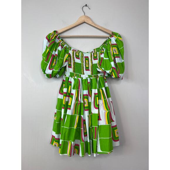 NEW S/W/F Puff Sleeve Babydoll Geometric Ruched Mini Dress Green Chartreuse - Picture 7 of 9